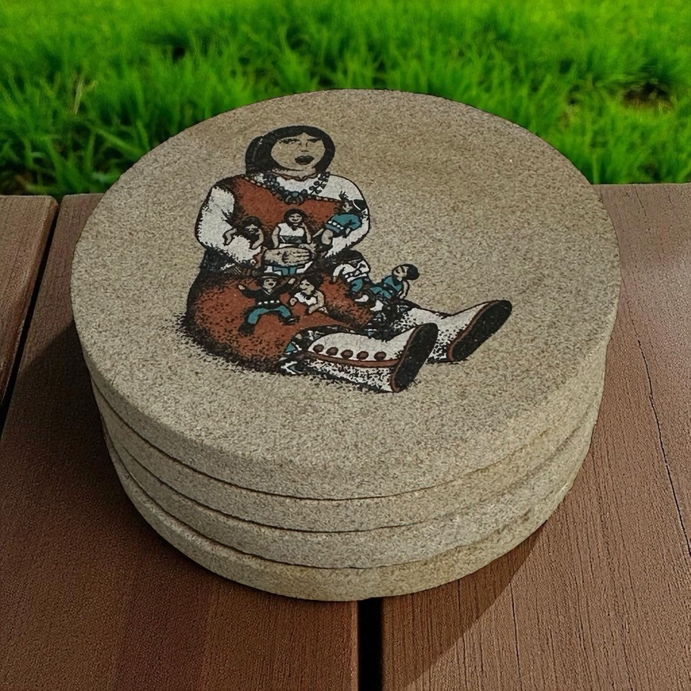 Thirstystone Coasters Pueblo Storyteller Sandstone 4" Round 4 Pc Set Cork Tribal